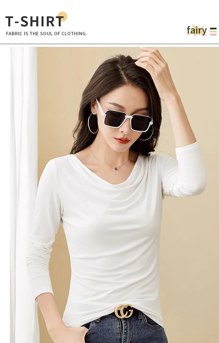 Korean Coffee Long Sleeved T-Shirt for Women's Autumn New High-End Cotton Fashion Plus V-Neck Casual Top