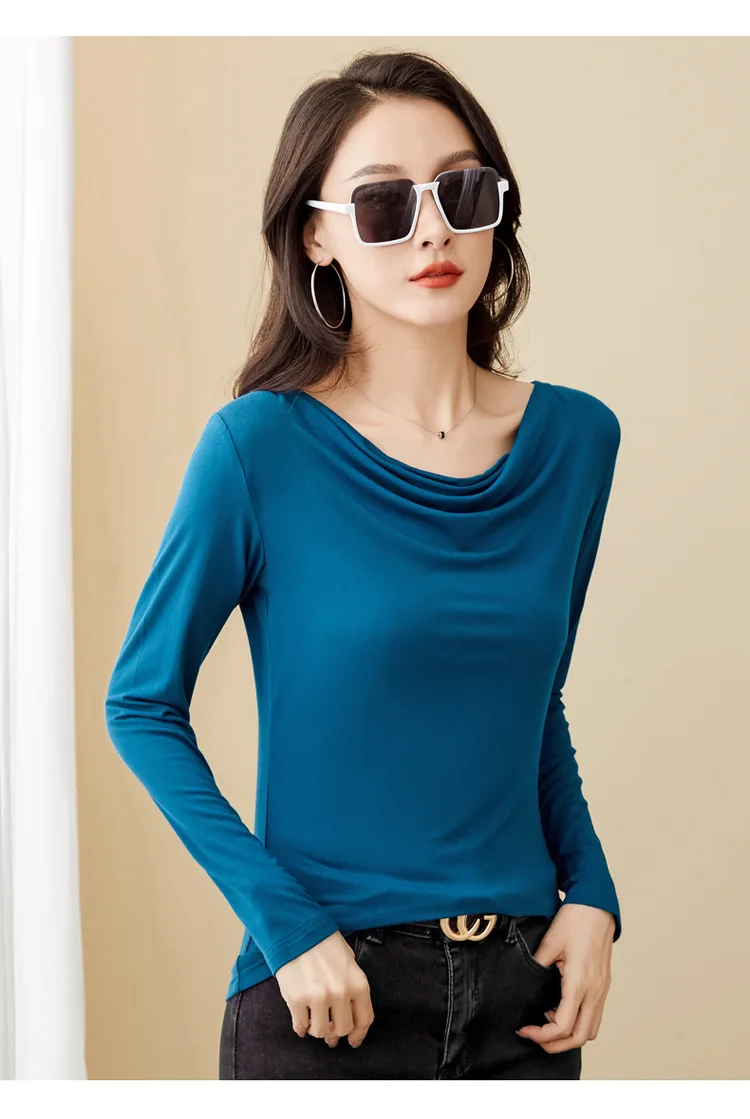 Korean Coffee Long Sleeved T-Shirt for Women's Autumn New High-End Cotton Fashion Plus V-Neck Casual Top