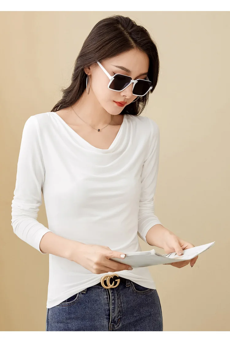 Korean Coffee Long Sleeved T-Shirt for Women's Autumn New High-End Cotton Fashion Plus V-Neck Casual Top