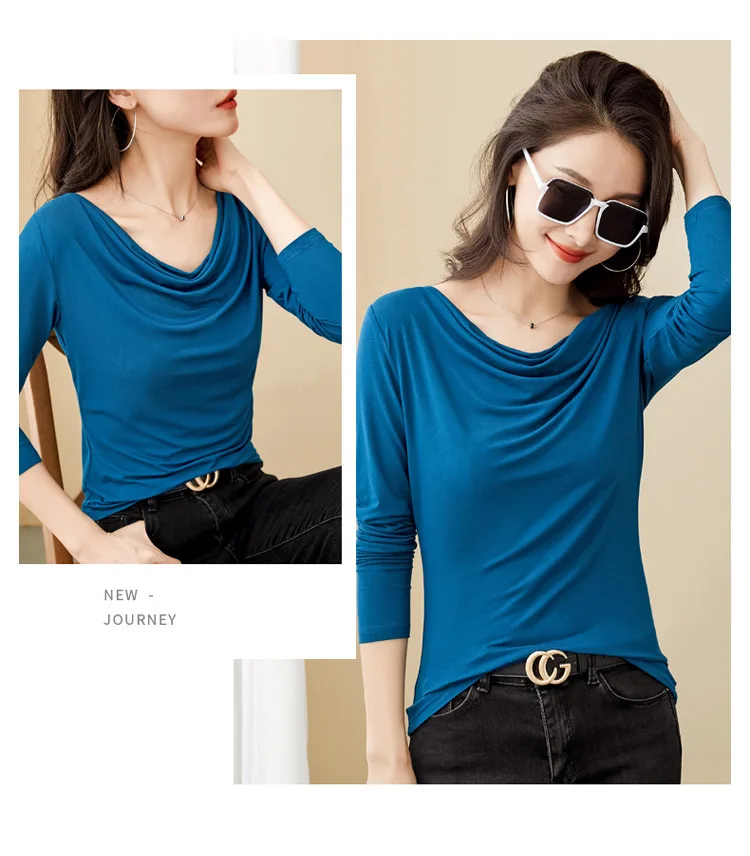 Korean Coffee Long Sleeved T-Shirt for Women's Autumn New High-End Cotton Fashion Plus V-Neck Casual Top