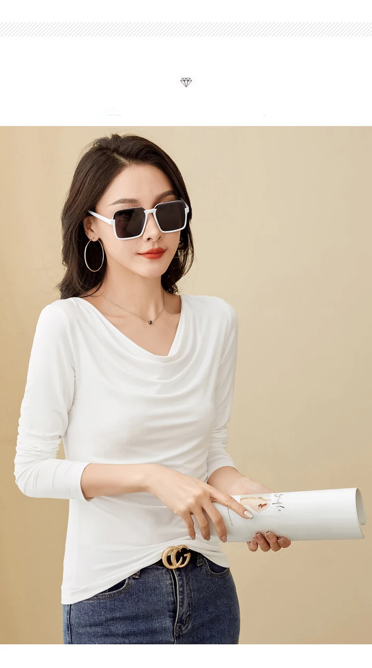 Korean Coffee Long Sleeved T-Shirt for Women's Autumn New High-End Cotton Fashion Plus V-Neck Casual Top