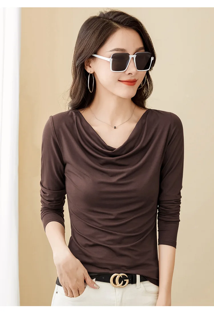 Korean Coffee Long Sleeved T-Shirt for Women's Autumn New High-End Cotton Fashion Plus V-Neck Casual Top