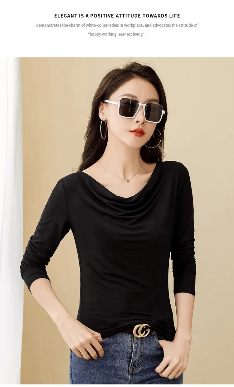 Korean Coffee Long Sleeved T-Shirt for Women's Autumn New High-End Cotton Fashion Plus V-Neck Casual Top