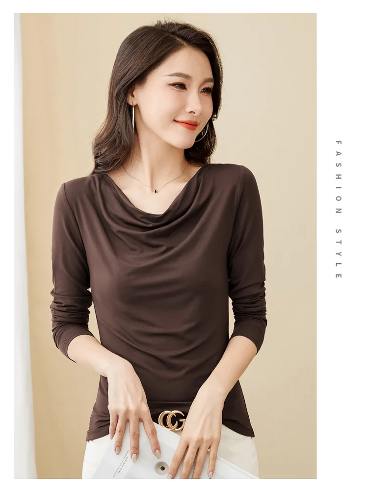 Korean Coffee Long Sleeved T-Shirt for Women's Autumn New High-End Cotton Fashion Plus V-Neck Casual Top