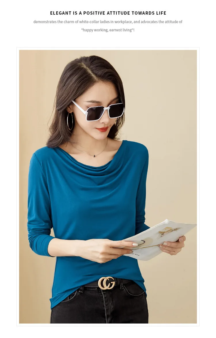 Korean Coffee Long Sleeved T-Shirt for Women's Autumn New High-End Cotton Fashion Plus V-Neck Casual Top