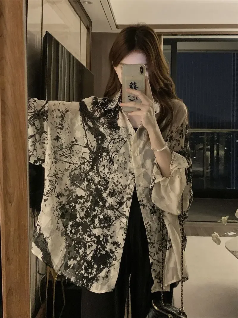 2025 Long Sleeve Shirts Women Loose Tie Dye Gothic Streetwear Casual Tops Woman Blouses Vintage Fashion Design Shirts Female