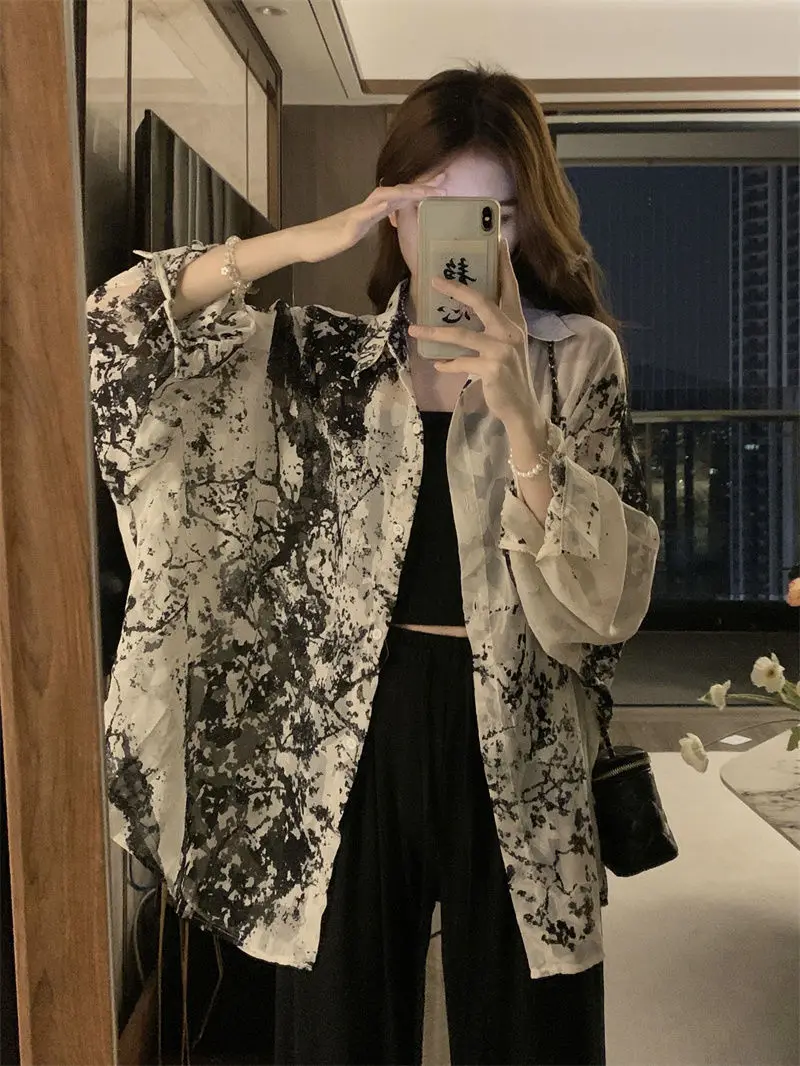 2025 Long Sleeve Shirts Women Loose Tie Dye Gothic Streetwear Casual Tops Woman Blouses Vintage Fashion Design Shirts Female