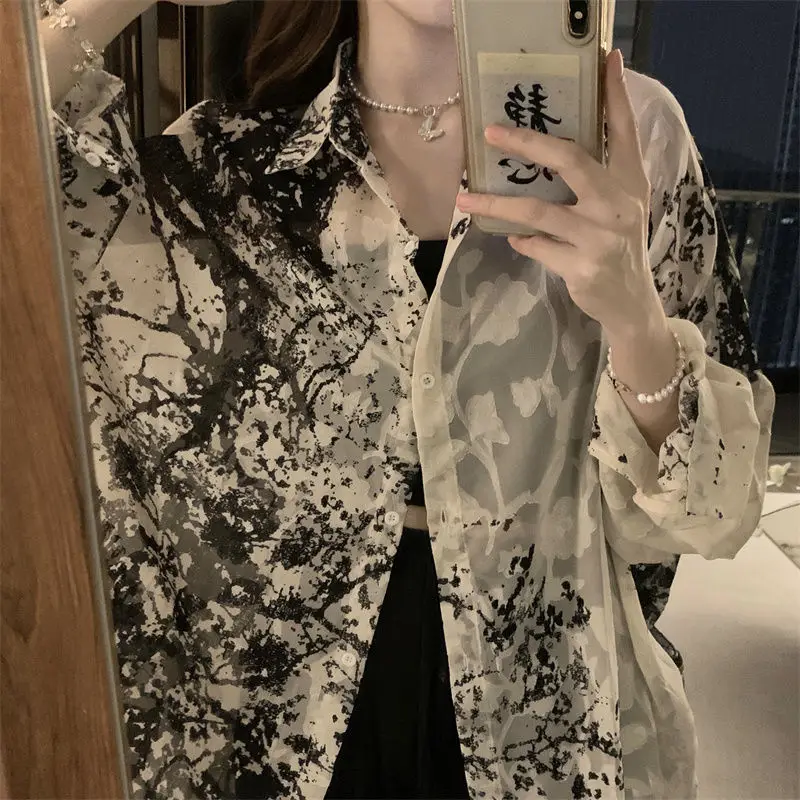 2025 Long Sleeve Shirts Women Loose Tie Dye Gothic Streetwear Casual Tops Woman Blouses Vintage Fashion Design Shirts Female