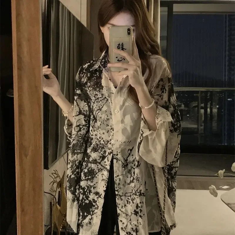 2025 Long Sleeve Shirts Women Loose Tie Dye Gothic Streetwear Casual Tops Woman Blouses Vintage Fashion Design Shirts Female