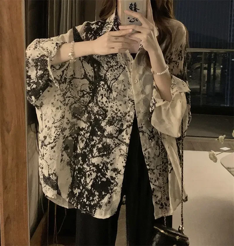 2025 Long Sleeve Shirts Women Loose Tie Dye Gothic Streetwear Casual Tops Woman Blouses Vintage Fashion Design Shirts Female
