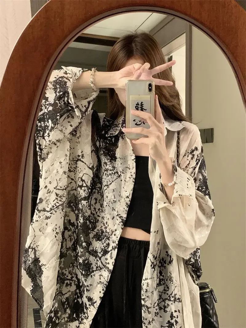 2025 Long Sleeve Shirts Women Loose Tie Dye Gothic Streetwear Casual Tops Woman Blouses Vintage Fashion Design Shirts Female