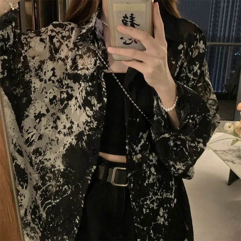 2025 Long Sleeve Shirts Women Loose Tie Dye Gothic Streetwear Casual Tops Woman Blouses Vintage Fashion Design Shirts Female
