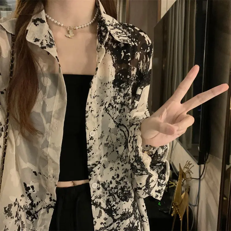 2025 Long Sleeve Shirts Women Loose Tie Dye Gothic Streetwear Casual Tops Woman Blouses Vintage Fashion Design Shirts Female
