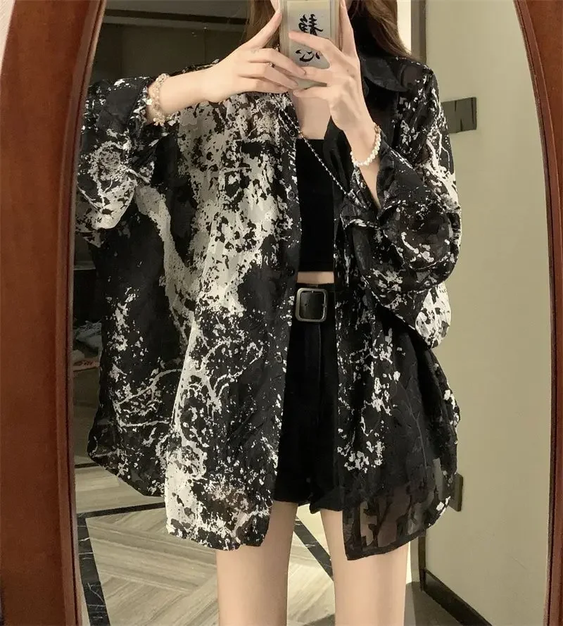 2025 Long Sleeve Shirts Women Loose Tie Dye Gothic Streetwear Casual Tops Woman Blouses Vintage Fashion Design Shirts Female