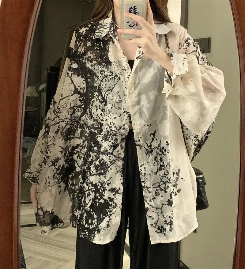 2025 Long Sleeve Shirts Women Loose Tie Dye Gothic Streetwear Casual Tops Woman Blouses Vintage Fashion Design Shirts Female
