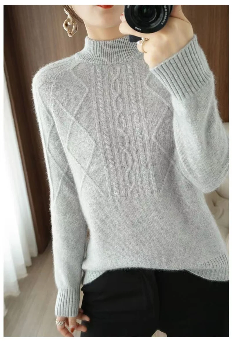 Autumn Winter Women Sweater Thicke Pullover Knit Loose Half High Collar Twists Sweater Versatile Female Tops Bottoming Shirt