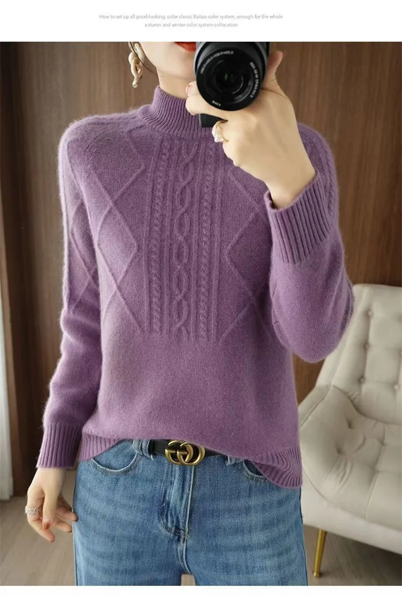 Autumn Winter Women Sweater Thicke Pullover Knit Loose Half High Collar Twists Sweater Versatile Female Tops Bottoming Shirt