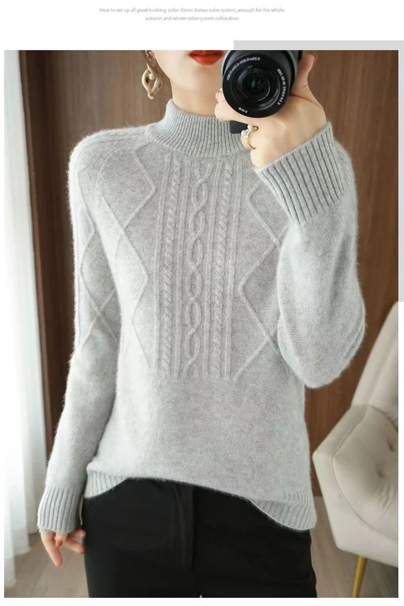 Autumn Winter Women Sweater Thicke Pullover Knit Loose Half High Collar Twists Sweater Versatile Female Tops Bottoming Shirt