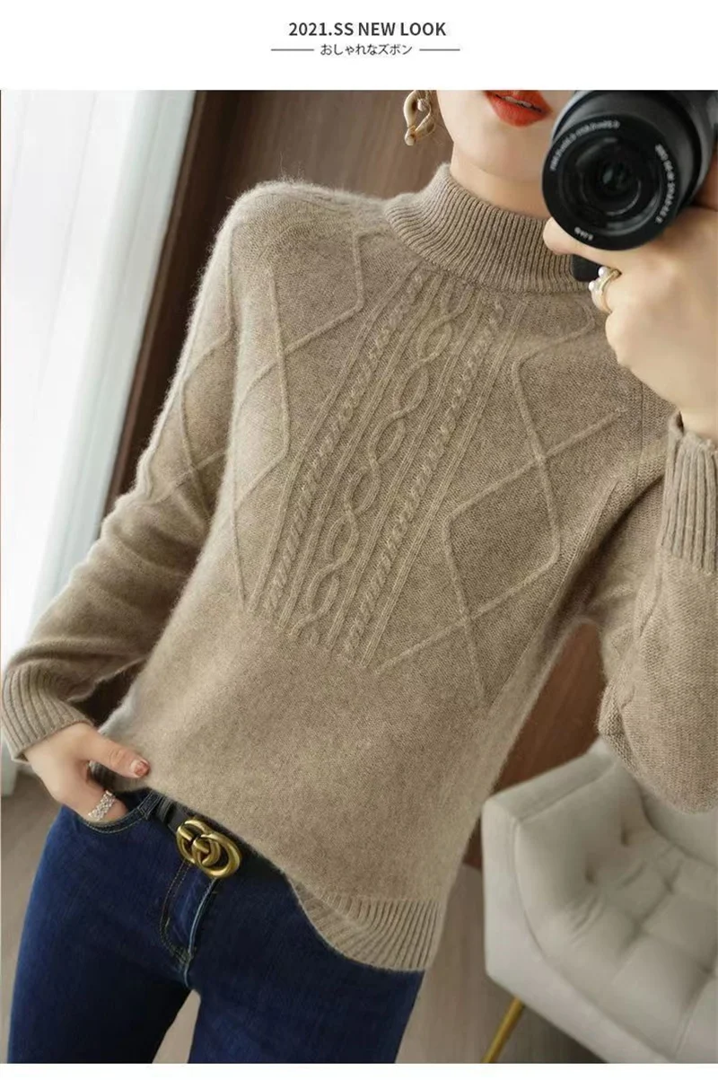 Autumn Winter Women Sweater Thicke Pullover Knit Loose Half High Collar Twists Sweater Versatile Female Tops Bottoming Shirt