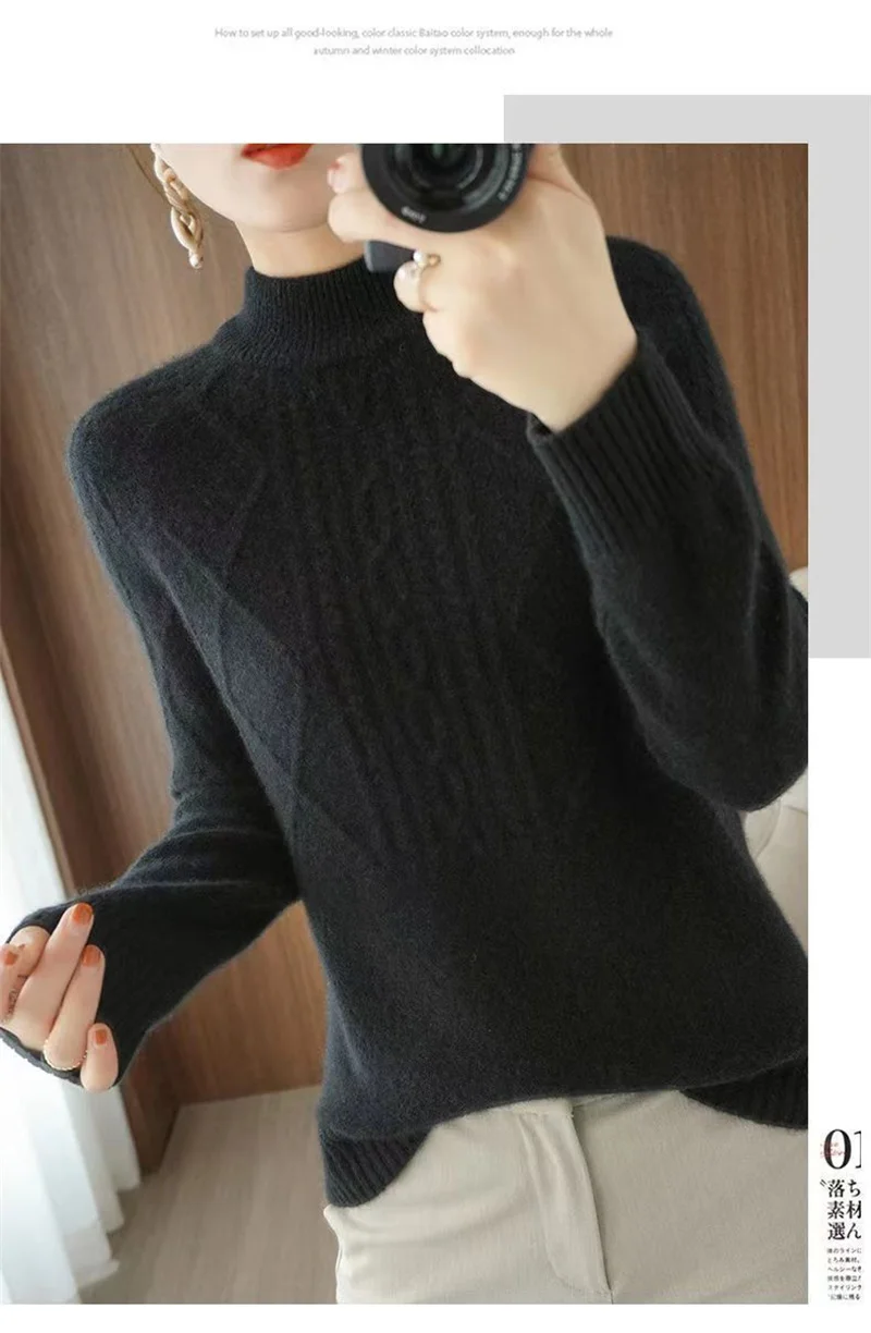 Autumn Winter Women Sweater Thicke Pullover Knit Loose Half High Collar Twists Sweater Versatile Female Tops Bottoming Shirt