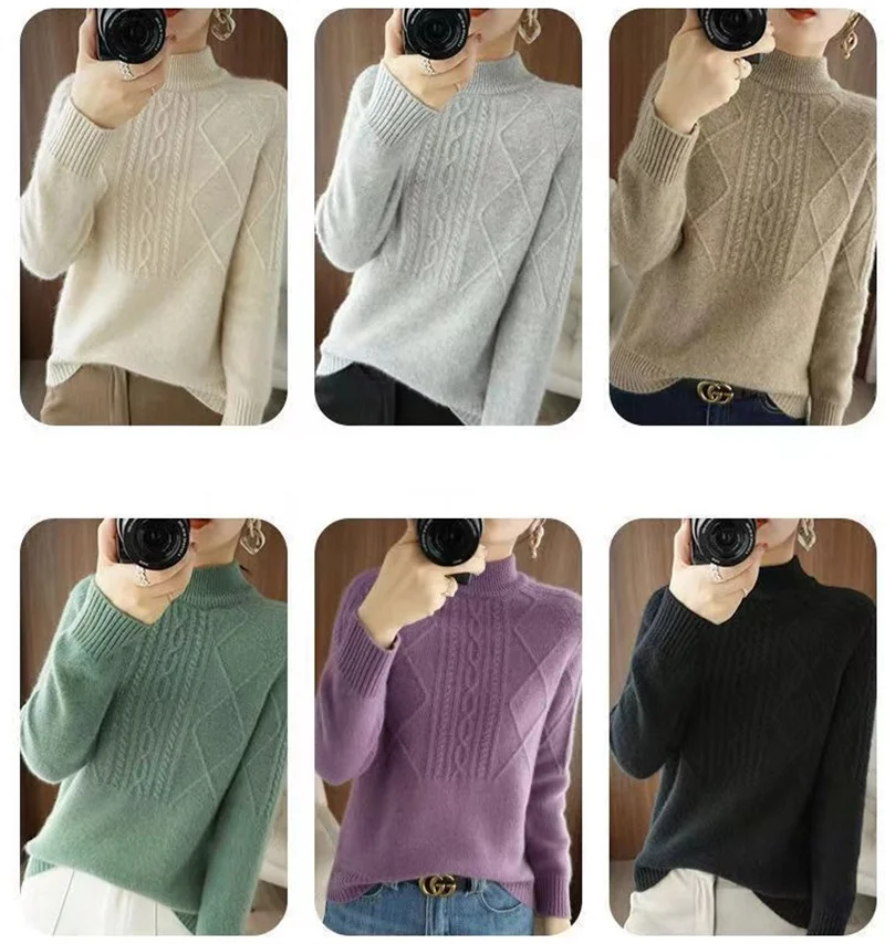 Autumn Winter Women Sweater Thicke Pullover Knit Loose Half High Collar Twists Sweater Versatile Female Tops Bottoming Shirt