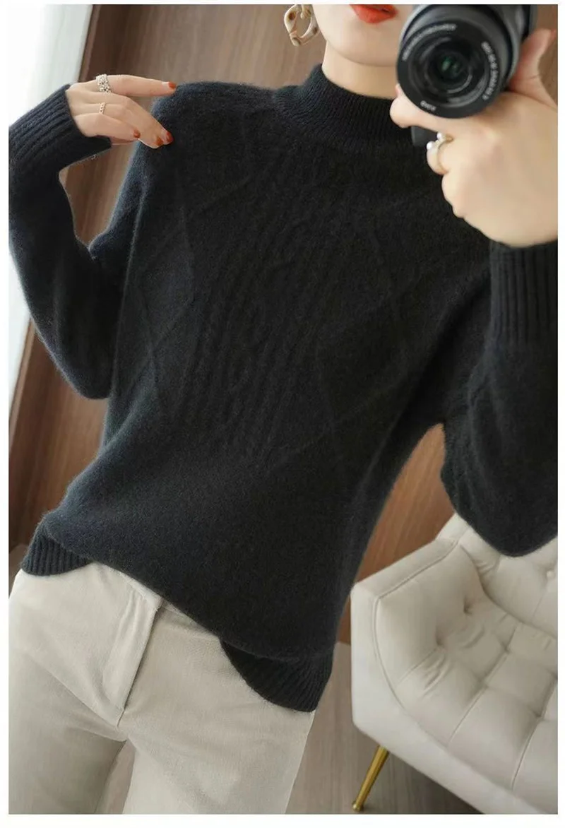 Autumn Winter Women Sweater Thicke Pullover Knit Loose Half High Collar Twists Sweater Versatile Female Tops Bottoming Shirt