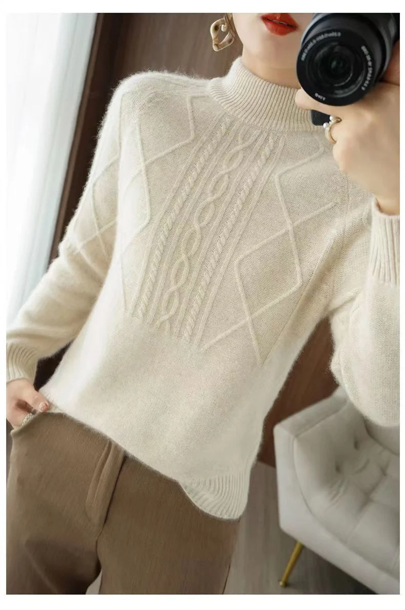 Autumn Winter Women Sweater Thicke Pullover Knit Loose Half High Collar Twists Sweater Versatile Female Tops Bottoming Shirt