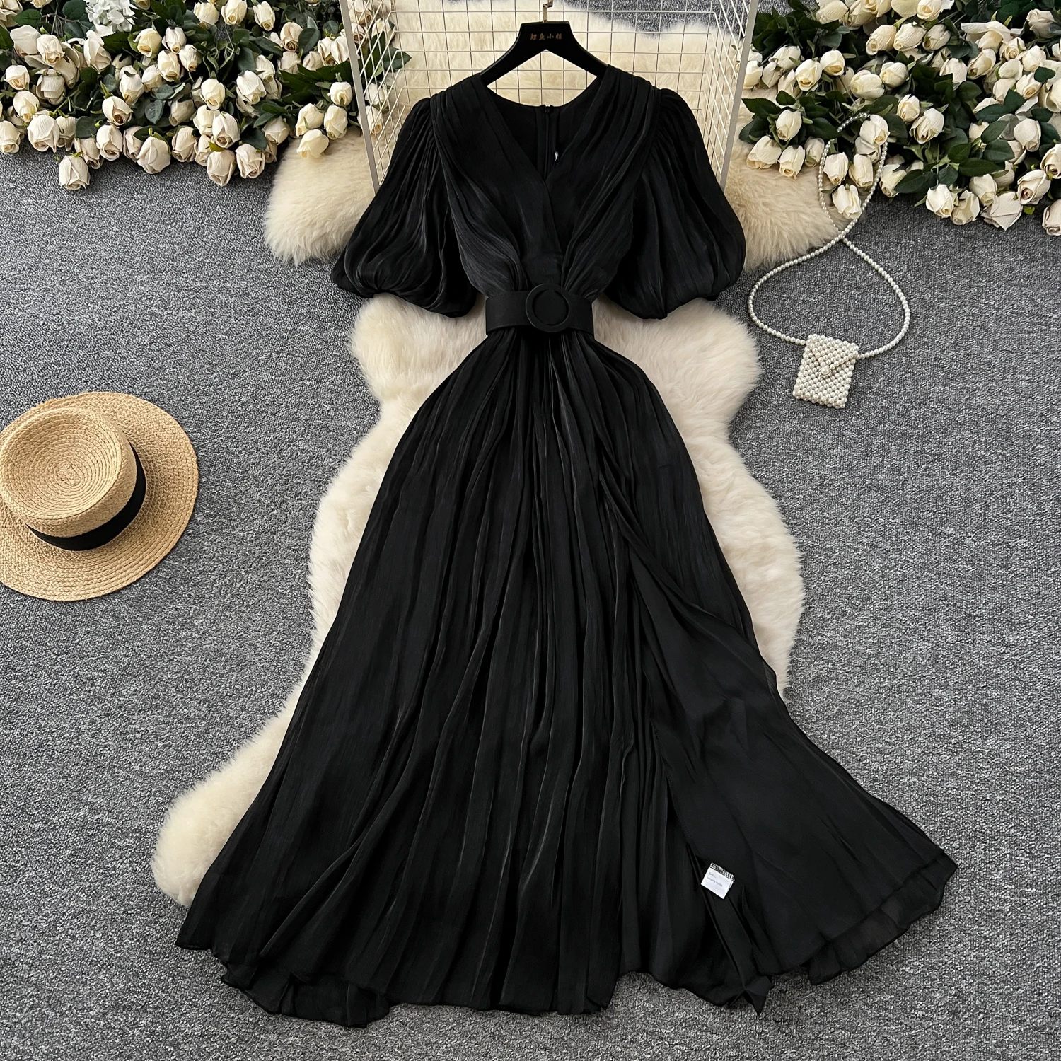 Vintage Elegant sweet puff sleeve split Dress A-line Chic Casual Beach Vacation Women Summer dresses