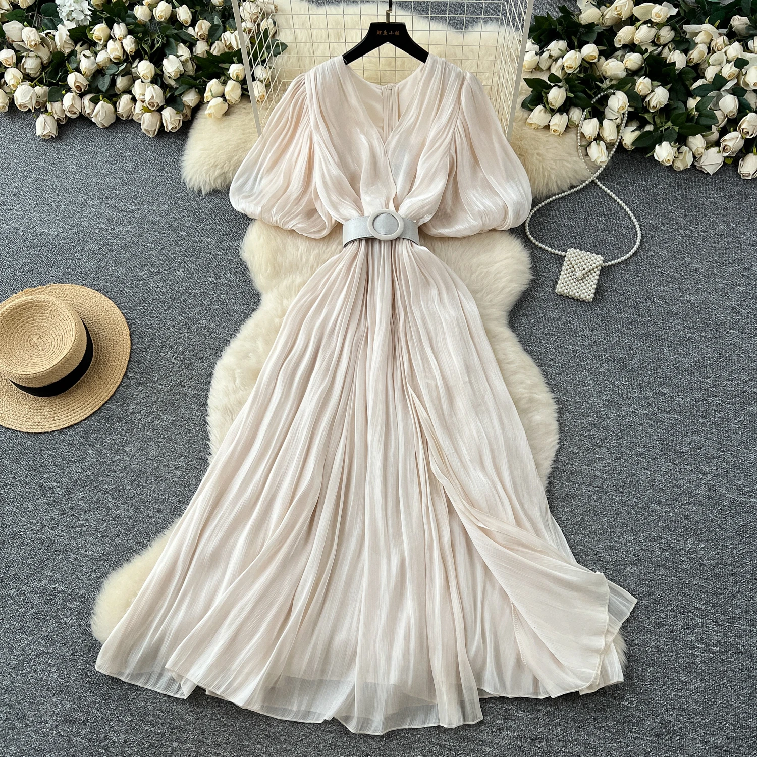 Vintage Elegant sweet puff sleeve split Dress A-line Chic Casual Beach Vacation Women Summer dresses