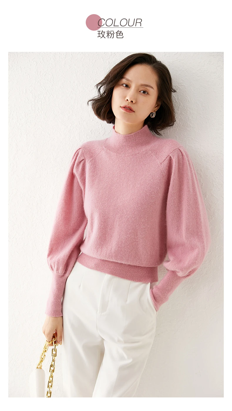 New 100% Merino Wool Sweater for Women Mock Collar Puff Sleeve Pullover Casual Knitted Top Female Autumn Winter Cashmere Warm