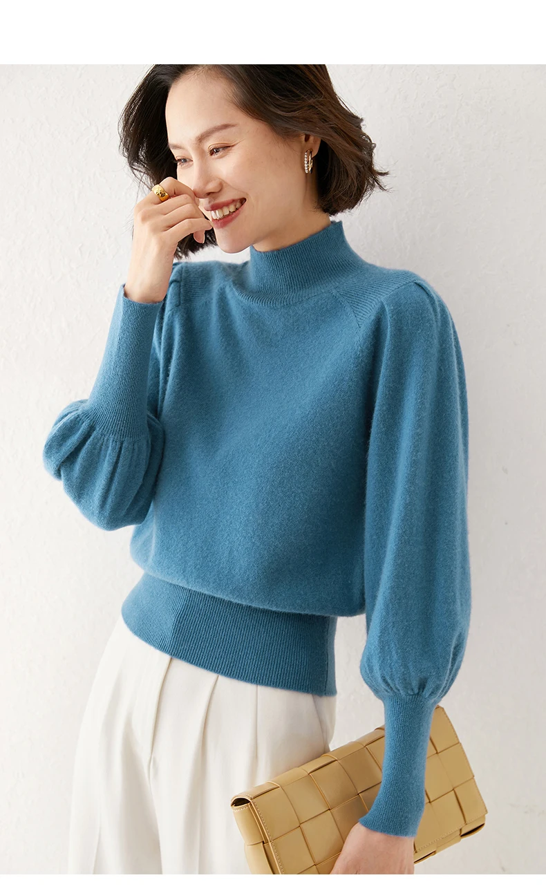 New 100% Merino Wool Sweater for Women Mock Collar Puff Sleeve Pullover Casual Knitted Top Female Autumn Winter Cashmere Warm
