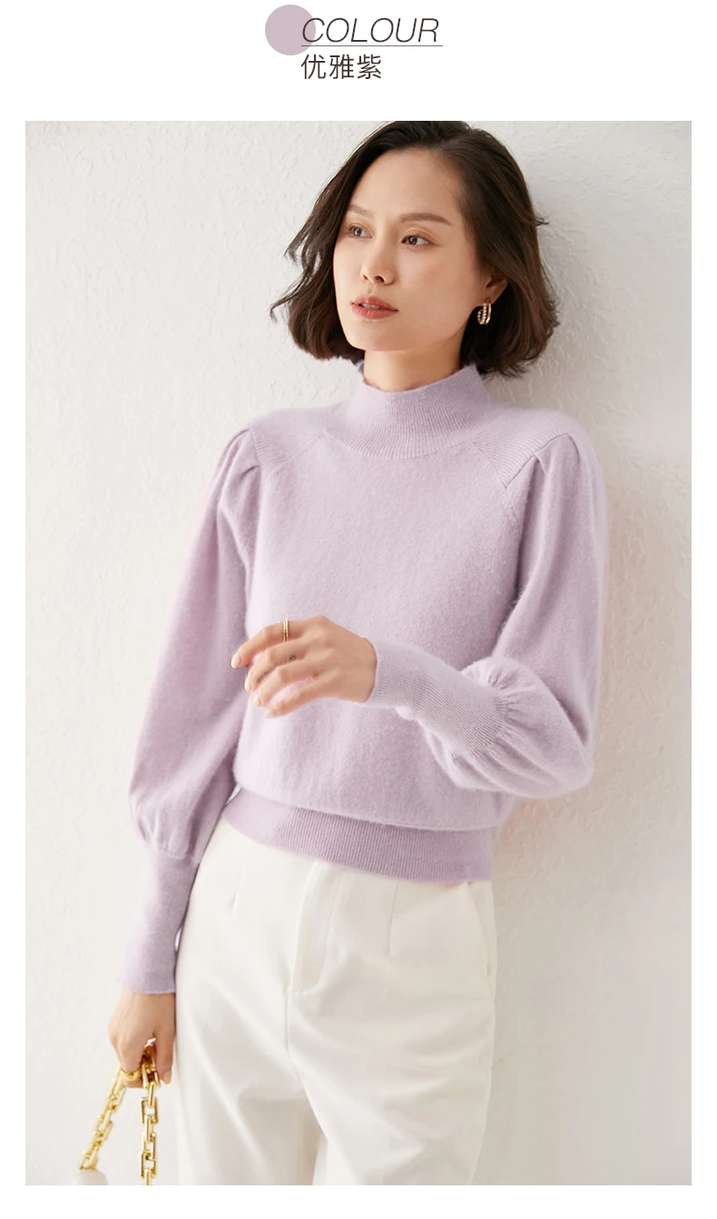 New 100% Merino Wool Sweater for Women Mock Collar Puff Sleeve Pullover Casual Knitted Top Female Autumn Winter Cashmere Warm