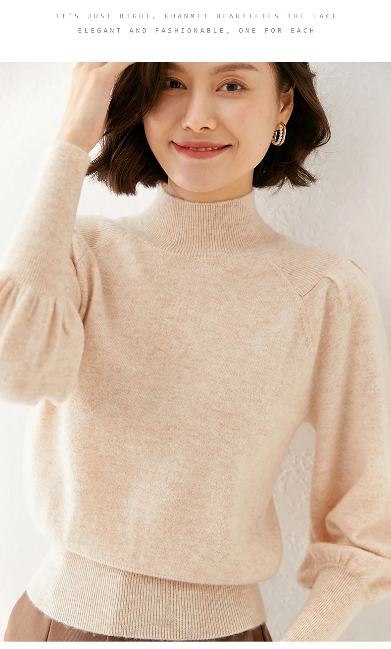 New 100% Merino Wool Sweater for Women Mock Collar Puff Sleeve Pullover Casual Knitted Top Female Autumn Winter Cashmere Warm