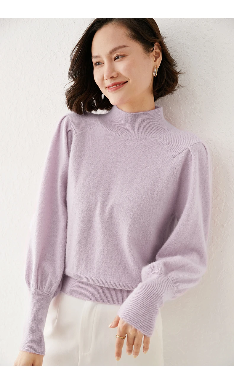 New 100% Merino Wool Sweater for Women Mock Collar Puff Sleeve Pullover Casual Knitted Top Female Autumn Winter Cashmere Warm