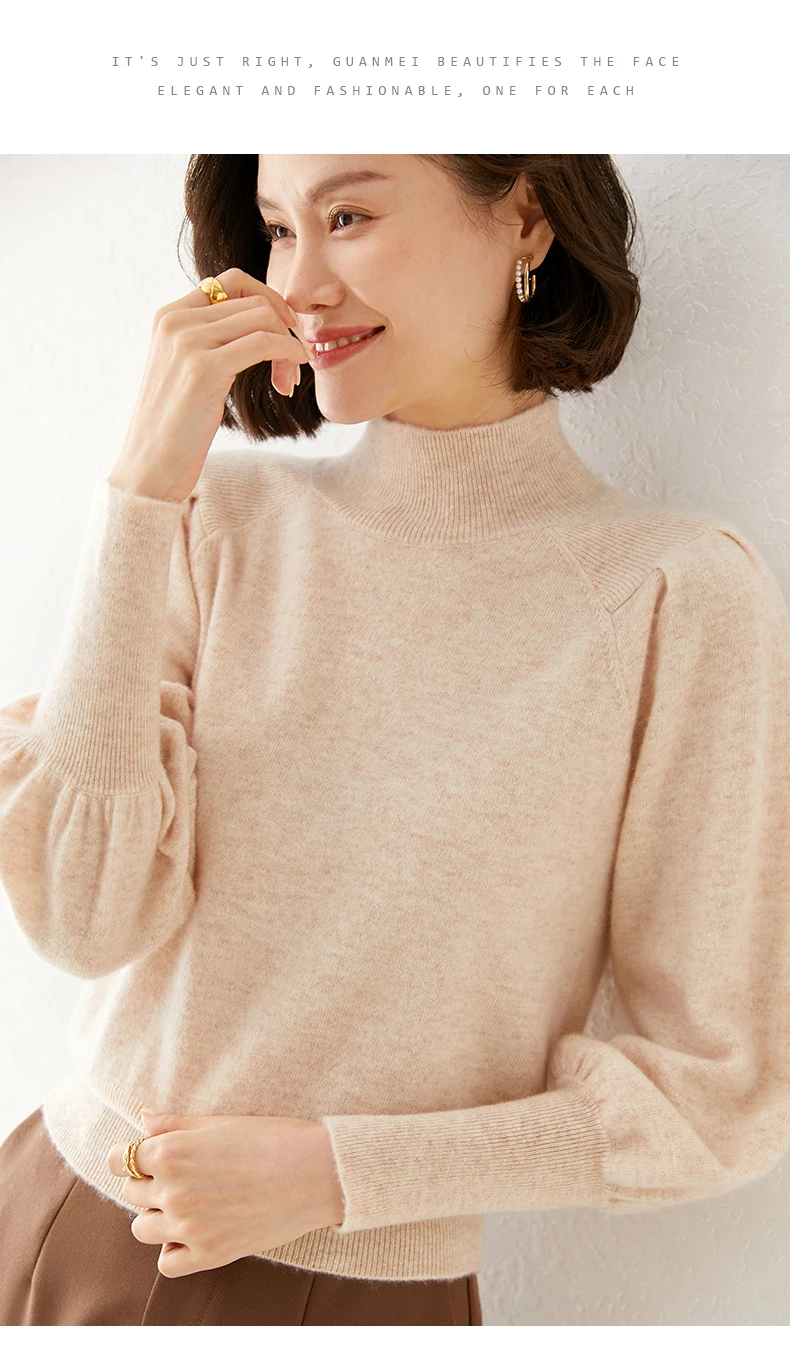 New 100% Merino Wool Sweater for Women Mock Collar Puff Sleeve Pullover Casual Knitted Top Female Autumn Winter Cashmere Warm
