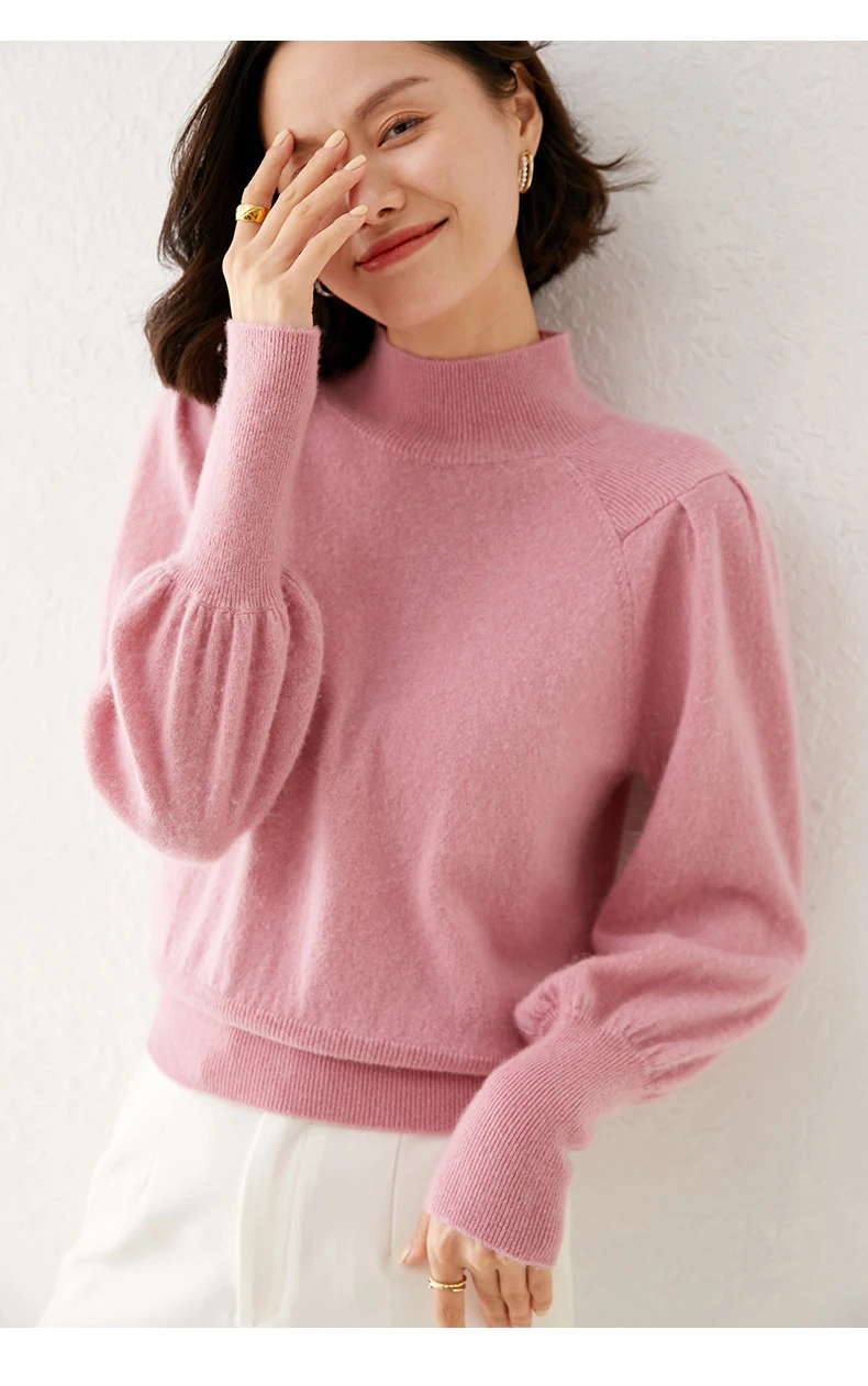 New 100% Merino Wool Sweater for Women Mock Collar Puff Sleeve Pullover Casual Knitted Top Female Autumn Winter Cashmere Warm