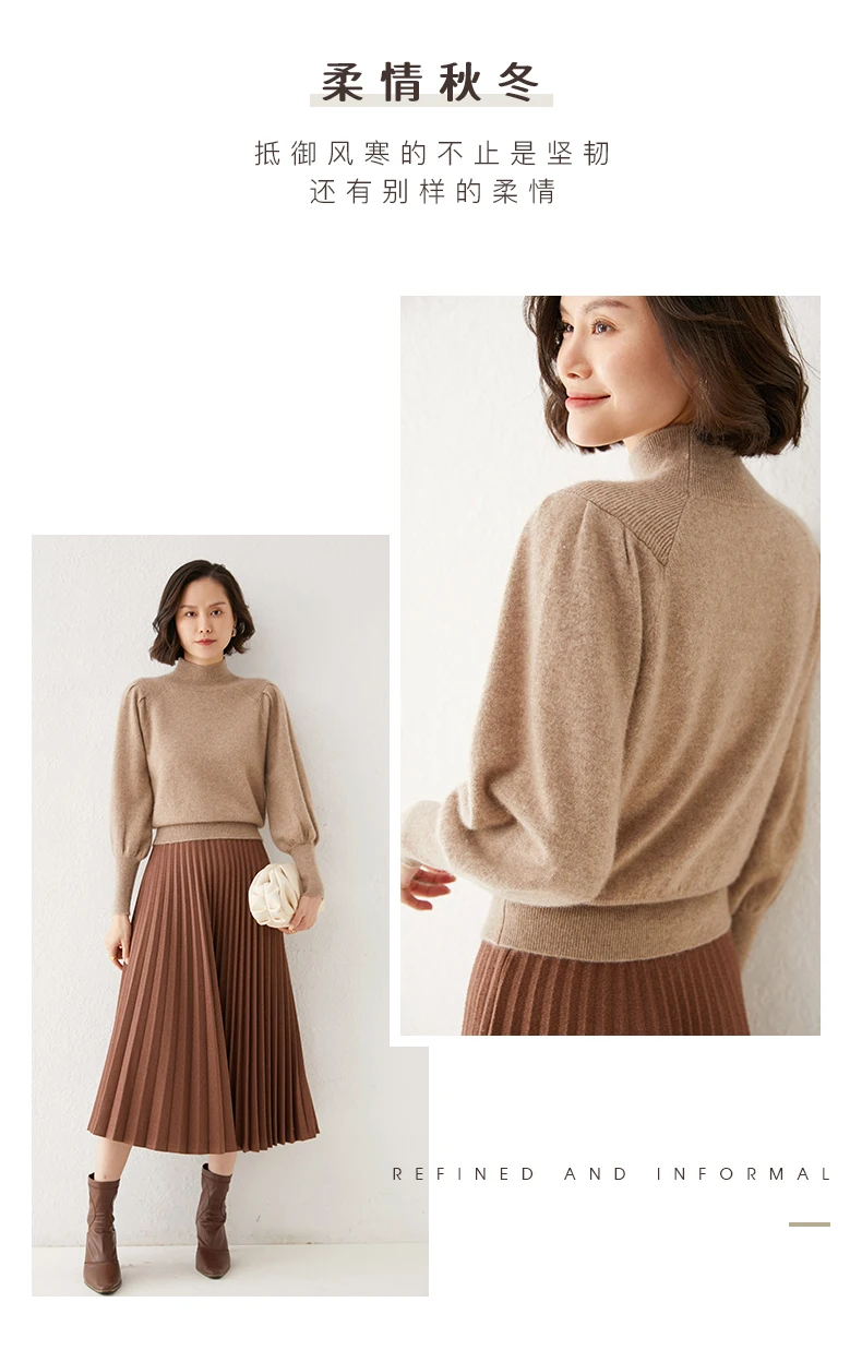 New 100% Merino Wool Sweater for Women Mock Collar Puff Sleeve Pullover Casual Knitted Top Female Autumn Winter Cashmere Warm