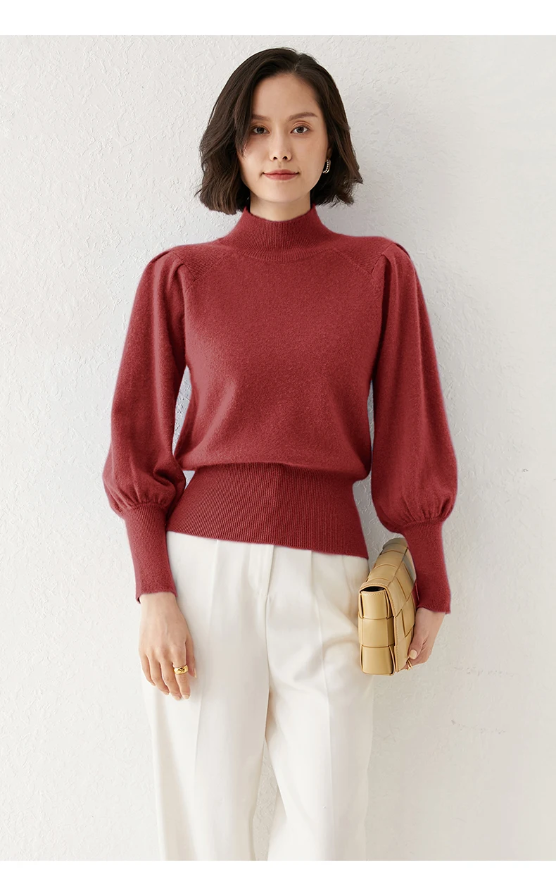 New 100% Merino Wool Sweater for Women Mock Collar Puff Sleeve Pullover Casual Knitted Top Female Autumn Winter Cashmere Warm