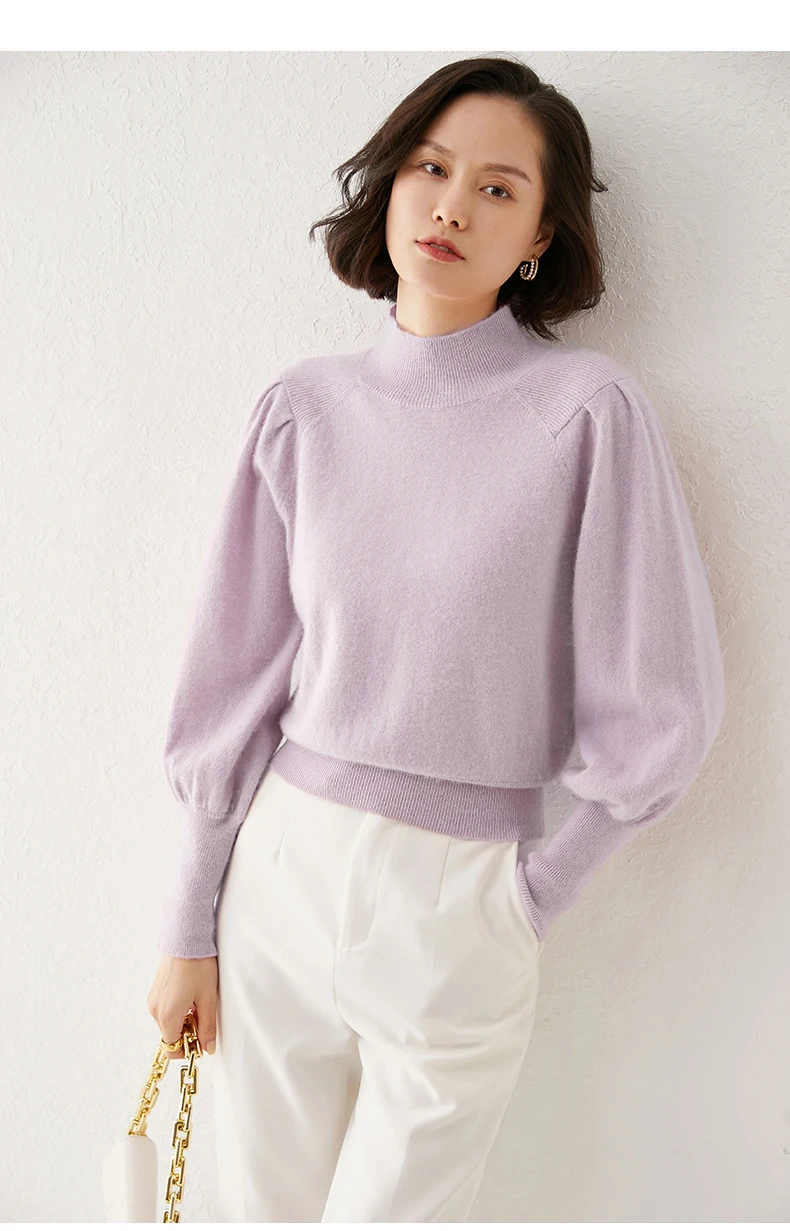 New 100% Merino Wool Sweater for Women Mock Collar Puff Sleeve Pullover Casual Knitted Top Female Autumn Winter Cashmere Warm