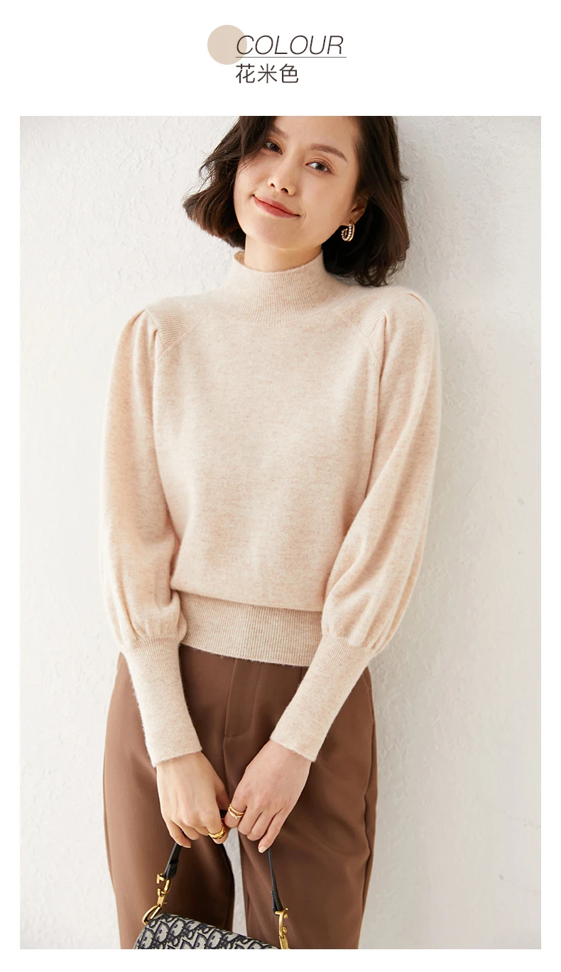 New 100% Merino Wool Sweater for Women Mock Collar Puff Sleeve Pullover Casual Knitted Top Female Autumn Winter Cashmere Warm