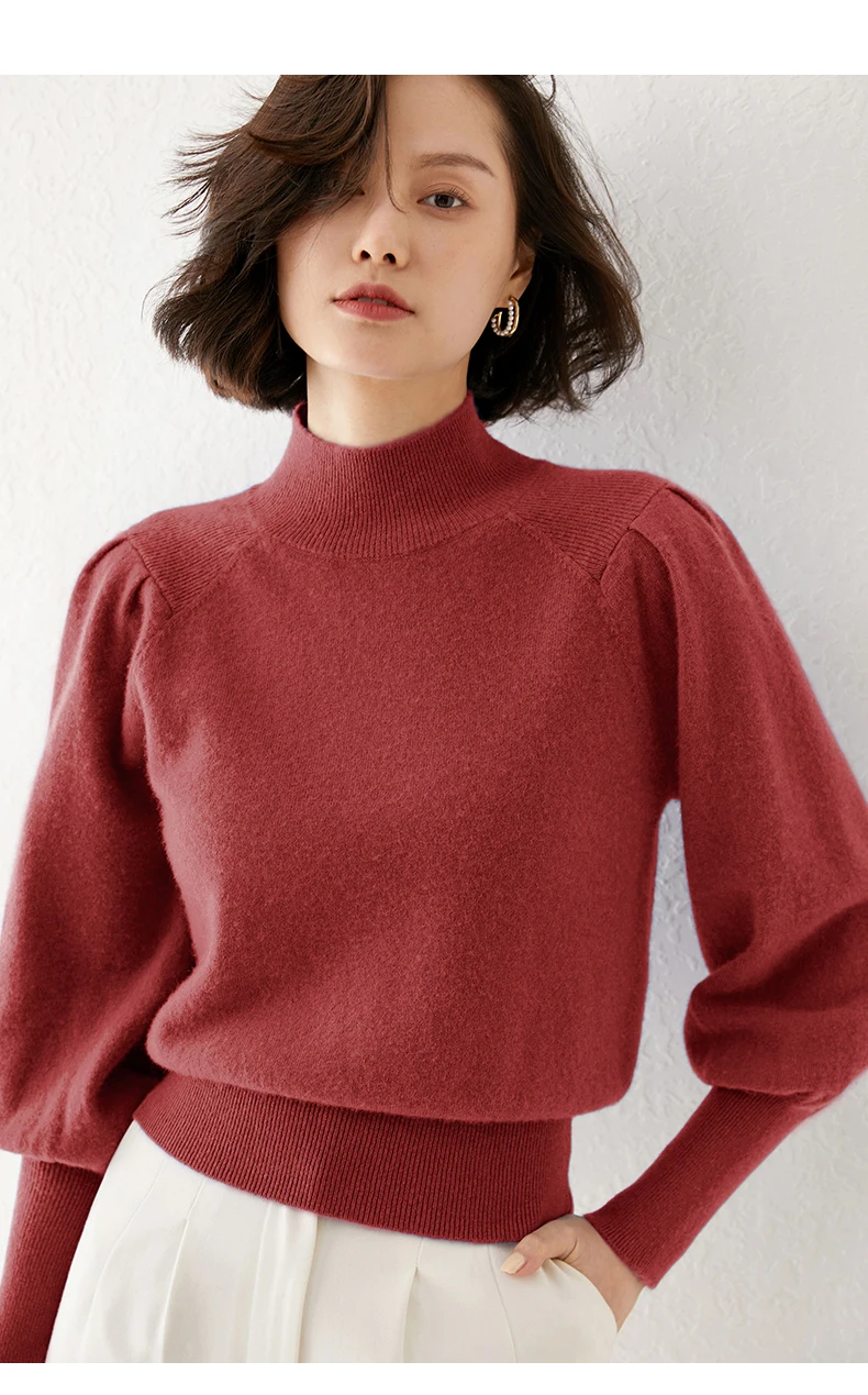 New 100% Merino Wool Sweater for Women Mock Collar Puff Sleeve Pullover Casual Knitted Top Female Autumn Winter Cashmere Warm