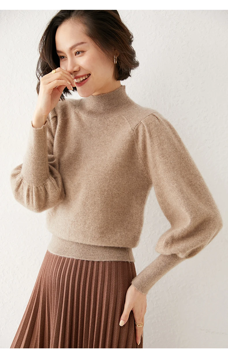 New 100% Merino Wool Sweater for Women Mock Collar Puff Sleeve Pullover Casual Knitted Top Female Autumn Winter Cashmere Warm