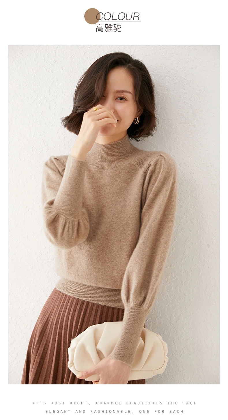 New 100% Merino Wool Sweater for Women Mock Collar Puff Sleeve Pullover Casual Knitted Top Female Autumn Winter Cashmere Warm