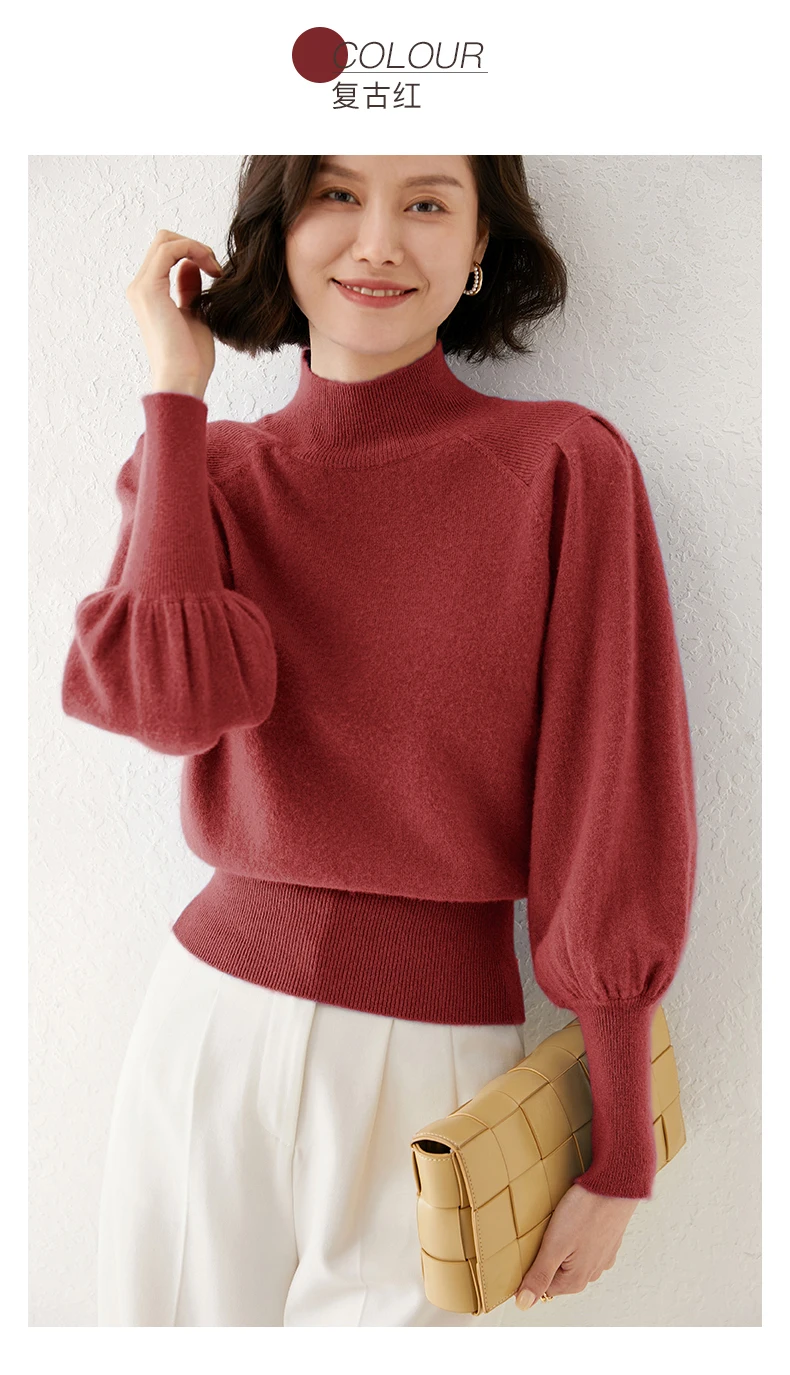 New 100% Merino Wool Sweater for Women Mock Collar Puff Sleeve Pullover Casual Knitted Top Female Autumn Winter Cashmere Warm