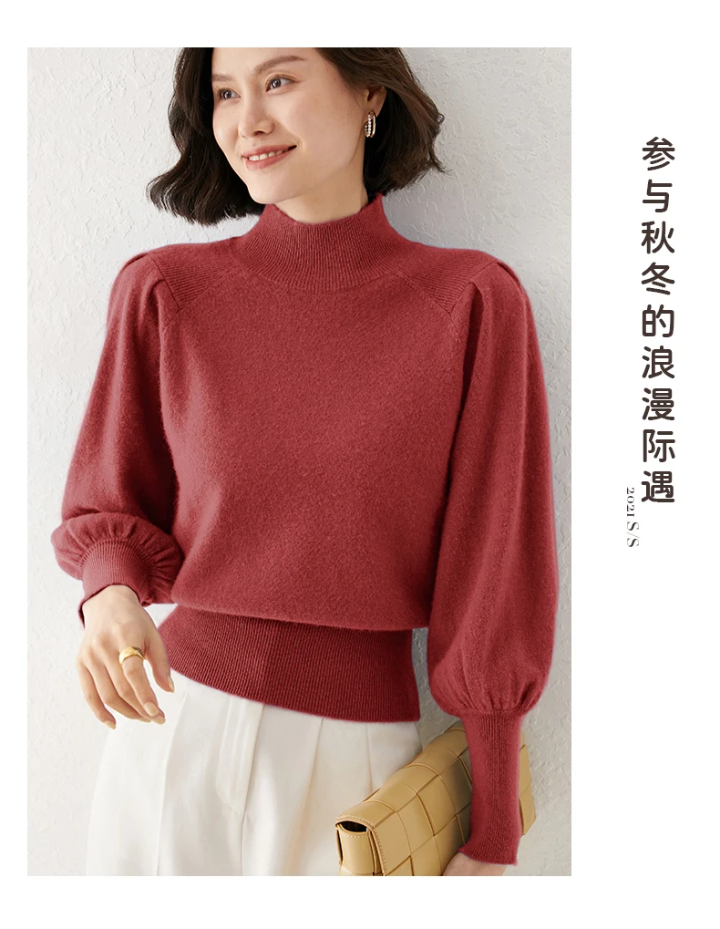 New 100% Merino Wool Sweater for Women Mock Collar Puff Sleeve Pullover Casual Knitted Top Female Autumn Winter Cashmere Warm