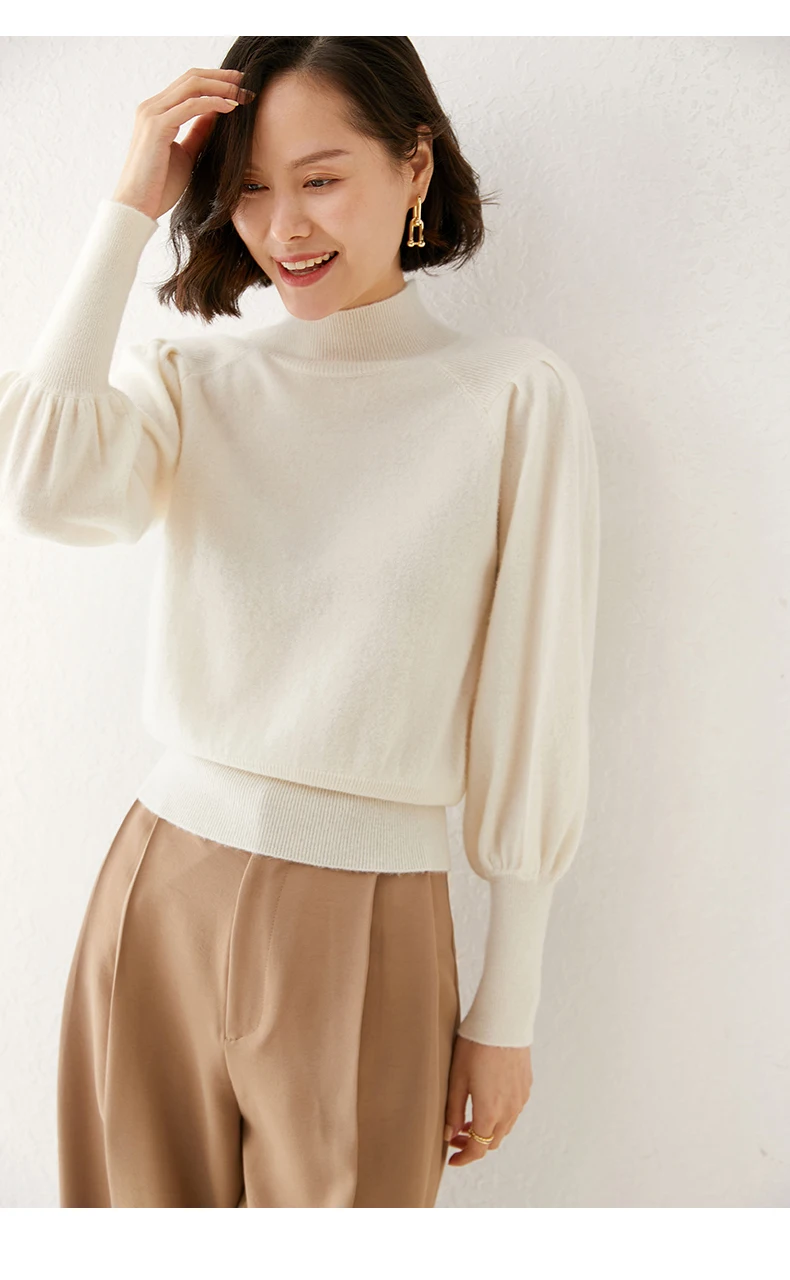 New 100% Merino Wool Sweater for Women Mock Collar Puff Sleeve Pullover Casual Knitted Top Female Autumn Winter Cashmere Warm