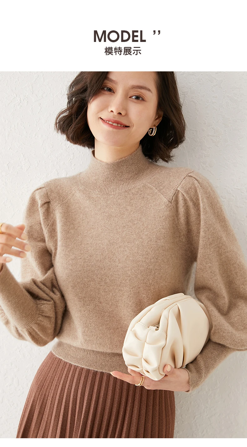 New 100% Merino Wool Sweater for Women Mock Collar Puff Sleeve Pullover Casual Knitted Top Female Autumn Winter Cashmere Warm