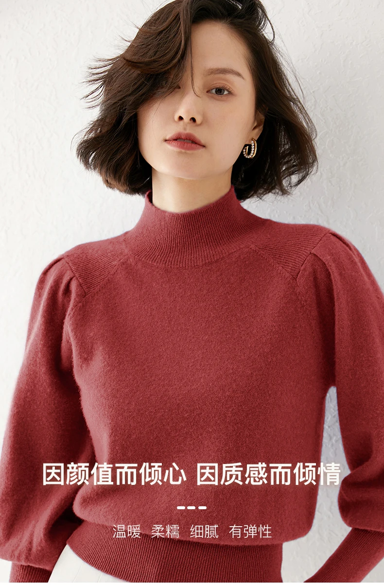 New 100% Merino Wool Sweater for Women Mock Collar Puff Sleeve Pullover Casual Knitted Top Female Autumn Winter Cashmere Warm
