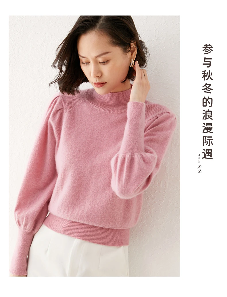 New 100% Merino Wool Sweater for Women Mock Collar Puff Sleeve Pullover Casual Knitted Top Female Autumn Winter Cashmere Warm