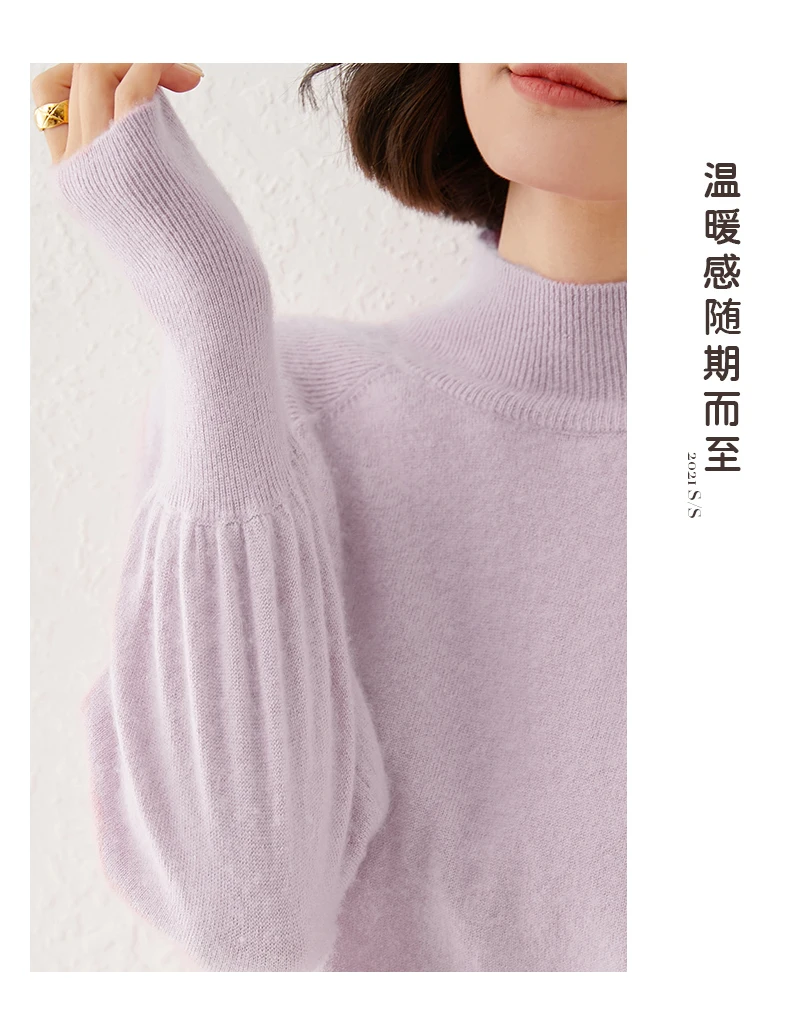 New 100% Merino Wool Sweater for Women Mock Collar Puff Sleeve Pullover Casual Knitted Top Female Autumn Winter Cashmere Warm